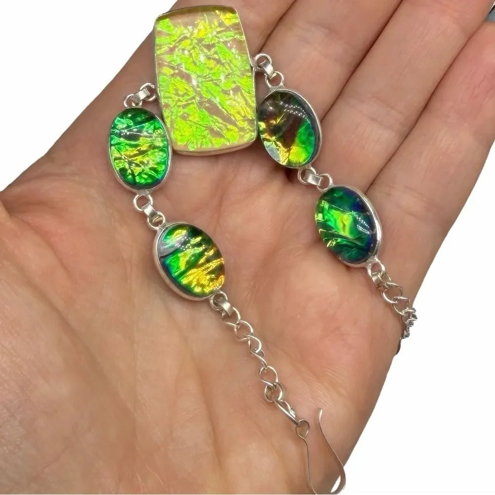Yellow Triplet Fire Opal Dichroic Glass Bracelet 925 Sterling Silver Overlay